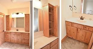 Double vanity in natural wood with. Vanities Linen Cabinets Wardcraft Homes Wardcraft Homes