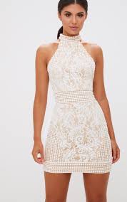 White High Neck Lace Crochet Bodycon Dress Lace White Dress Bodycon Dress Fashion