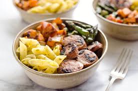The wacky mac colorful spirals for fun; Roasted Veggie Chicken Sausage Penne Bowls