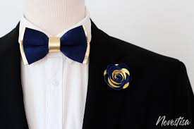 Gold And Royal Blue Leather Bow Tie Pin Set Groomsmen Attire