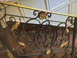 Exquisite French Inspired Interior Stair Railing In Wrought Iron With Brass Leaves Rosette Wrought Iron Handrail Interior Stair Railing Wrought Iron Staircase
