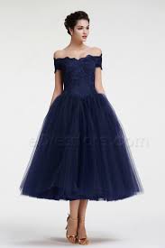 Navy Blue Off The Shoulder Ball Gown Vintage Evening Dress Tea Length Evening Dresses Vintage Vintage Formal Dresses Tea Length Dresses