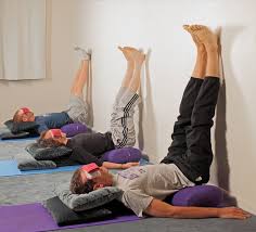 Restorative Pose Legs Up The Wall On A Bolster And Folded Blanket Down The Spine With Pillow Restorative Yoga Poses Restorative Yoga Restorative Yoga Sequence