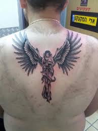 I gave you a key hoping that you might see it someday.. Black Ink Female Guardian Angel Tattoo On Man Back