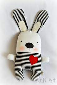 This Soft Cute Handmade Black And White Striped Bunny With Red Heart Is Made From 100 Cotton Fabric And 100 Wool Fel Bunny Soft Toy Fabric Toys Handmade Toys