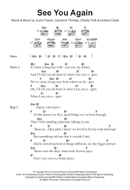 Wiz Khalifa See You Again Feat Charlie Puth Sheet Music Notes Chords In 2021 Guitar Chords And Lyrics Lyrics And Chords Me Too Lyrics