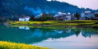 中国江南春天的小村庄 village painting canal