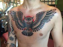Ryan Cooper Thompson American Traditional Owl Chest Tattoo Owls Color Sleeve Owl Chesttattoo America Owl Tattoo Chest Traditional Tattoo Traditional Owl Tattoo