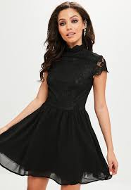 Missguided Black High Neck Lace Skater Dress Black Long Sleeve Dress Black Dresses Online Black Dress Style