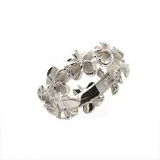 Plumeria 8mm Lei Rhodium Finish Ring L Makani Hawaii Hawaiian Heirloom Jewelry Wholesaler And Hawaiian Wedding Rings Wedding Rings Titanium Wedding Rings