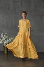 Maxi Flowy Linen Dress In Canary Yellow Layered Clothing Women Dress Etsymktgtool Linen Dress Linendress Maxidress Yellow Dress Maxi Dress Linen Dress
