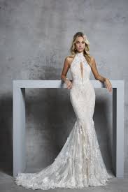 Stunning Embroidered Lace Backless Fit Flare Halter Wedding Dress Mermaid Bridal Gown Wit Light Pink Wedding Dress Mermaid Dresses Ivory Lace Wedding Dress