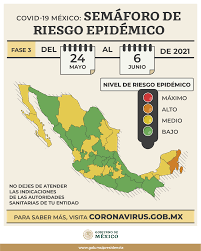 En el nuevo semáforo covid de méxico, dos estados se sumaron a la lista de aquellas entidades que se encuentran en color verde, asimismo, hay una en color naranja, mientras que las amarillas se. Gobierno De Mexico Semaforo Epidemico En Las Entidades Del 24 De Mayo Al 6 De Junio De 2021 1 En Naranja 15 En Amarillo 16 En Verde La