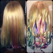 Peekaboo Rainbow Highlights Straight Vs Curly Curly Hair Styles Dyed Blonde Hair Hair