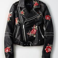 Ae Embroidered Studded Faux Leather Moto Jacket 60 Liked On Polyvore Featuri Vegan Leather Jacket Vegan Leather Moto Jacket Faux Leather Motorcycle Jacket