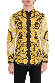 Light, mid, or heavy fabric weight. Versace Gold Hibiscus Shirt Versace Cloth