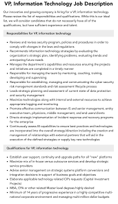 Vp, Information Technology Job Description | Velvet Jobs