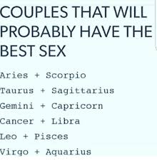 These two can be a highly creative couple, and are often rooted in mutual admiration. Couples That Will Probably Have The Best Sex Aries Scorpio Taurus Sagittarius Gemini Capricorn Cancer Libra Leo Pisces Virgo Aquarius Meme On Ballmemes Com