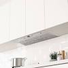 The front push panel centers the range hood to handle the three speed 217 cfm fan and the led lights for the best illumination. 1