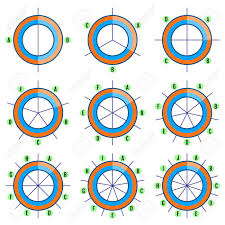 Set Of Pie Charts With Selected Fraction Coordinate Lines And