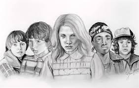 This coloring page comprises of the entire cast of stranger things along with the name of the series written in the middle. Stranger Things Kids Drawing By Jensen Twite