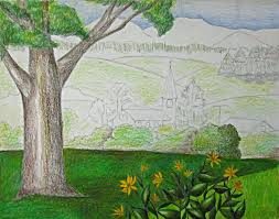 With a 4h pencil, lightly sketch a rectangle for the basic shape of the springhouse, then add a line for the roof's edge and another line for the front corner of the house. Color Pencil Landscape Drawing Happy Family Art