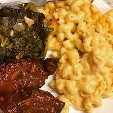 Mac and cheese with ham. Homemade Bbq Braised Country Style Ribs Collard Greens And Mac N Cheese Food