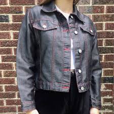 Black And White Jean Jacket Vtg 90s Metallic Jean Jacket Black Grey White Denim With Red Contrast Stitching No Boundaries Womens Small Metallic Jeans Denim Women Streetwear Jackets