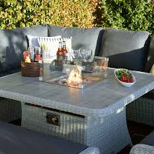 Rectangular fire bowl tables are square in shape and usually come with steel burners. Bramblecrest Monterey Casual Dining Set With Square Firepit Table
