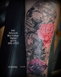 Black And Gray Rose Sleeve Tattoo Sugar Skull Rose Lineless Black Gray Color Sleeve Tattoo Lita Edwards Redtattooparlor Nashville Red Tattoos Sleeve Tattoos Tattoos