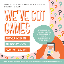 June contains the summer solstice in the northern hemisphere, the day with the most daylight hours, and the winter solstice in the southern . Peabody We Ve Got Game S Trivia Night June 18 4 5 30 P M Library News Online