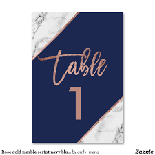 Rose Gold Marble Script Navy Blue Table Number Zazzle Com Signing Table Wedding Marble Invitation Wedding Rose Gold Marble