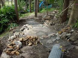 Looking Down Stairs And Boulders In Place Before Coating Pic 3 Fake Rock Artificial Rocks Backyard Drainage