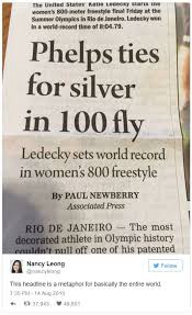 Olympic team swimming trials at centurylink center on july 3, 2016 in omaha, nebraska. Nancy Leong Tweet Phelps Vs Ledecky Newspaper Headline Covertheathlete Know Your Meme
