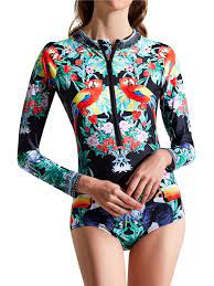 Dresswel Women Foral Print Long Sleeve Surfing One Piece Swimsuit Bathing Suit Print Long Foral