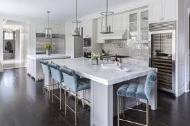 Bring the ambiance of a french cafe to your kitchen or dining room with this 55'' w kitchen island. Gray Kitchen Island With Blue Velvet Tufted Counter Stools Contemporary Kitchen