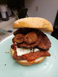 Panko chicken breast, marinara, provolone and arugula in a tuscan roll. Breaded Chicken Breast Cutlets Tomato Sauce Blue Cheese Was The Only Cheese I Had Was Amazing But Needed A Stretchy Cheese Like Provolone Or Mozzarella Fried Eggplants And Fried Jalapenos Oh Lord