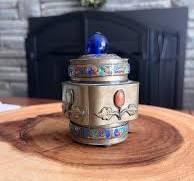 Vintage Chinese Enamel Brass Tea Caddy | Blue Glass Finial Lid | 1930s  Decorative Tea Box