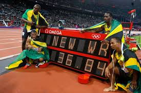He is a world record holder in the 100 metres, 200 metres and 4 × 100 metres relay. Record Breakers Jamaica S Usain Bolt Top L Yohan Blake Bottom L Nesta Carter Top R And Michael Frater Pose Next To Their New World Record Abc News Australian Broadcasting Corporation