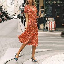 French Retro V Collar Puff Sleeve Fork Printed Beach Dress Charmfancy Printed Beach Dresses Dresses Midi Dress Casual