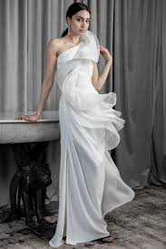 Ivory One Shoulder Organza Ruffled Gown In 2020 Ivory Gown Fashion Gowns