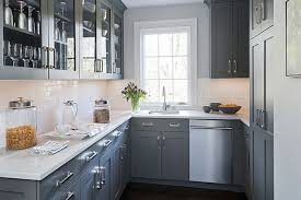 Small U Shape Kitchen With Grey Cabinets And White Granite Countertop Jpg 700 467 Grey Kitchen Designs Kitchen Cabinet Design Grey Kitchen