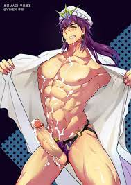 1boy abs cum erection magi: the labyrinth of magic male focus  muscle nipples pecs penis presenting pubic hair purple hair sinbad (magi)  smile solo tagme teeth testicles 