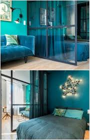 This wall serves to separate the ensuite bathroom from the sleeping space. A Small French Apartment Awash In Bold Blue Hues Glass Partition Wall Small French Apartment French Apartment