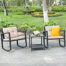 3 Pcs Patio Rattan Set Rocking Chair Cushioned Sofa Garden Furniture Garden Furniture Garden Chairs Chair Cushions