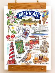 Michigan State Print Illustration State Symbols The Wolverine State State Symbols Travel Art Journal Michigan