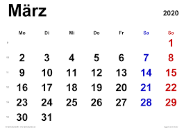 Wochenkalender 2021 als kostenlose vorlagen für excel zum download und ausdrucken: Marz 2020
