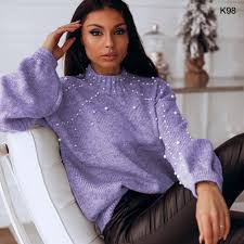 Model K98 99 90 Balon Kol Incili Triko Kazak Standart Beden Triko Kumas Mavi Ekru Siyah Vizon Lila Pudra 2020 Moda Stilleri Kadin Modasi Spor Giyim