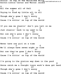 Country Music Song Sittin On Top Of The World Bob Wills Lyrics And Chords Lyrics And Chords Lyrics Love Songs Lyrics