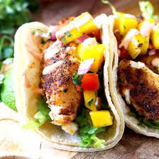 Blackened Fish Tacos With Mango Salsa Sriracha Aioli Lemon Blossoms